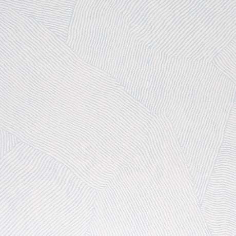 Burnett Sky by Schumacher - painterly abstract wave pattern wallpaper in blue and white, shown in detail and styled interior.