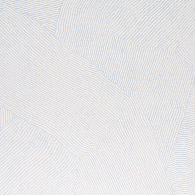 Burnett Sky by Schumacher - painterly abstract wave pattern wallpaper in blue and white, shown in detail and styled interior.