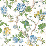 Josephine blue floral tree of life wallpaper by Schumacher, midscale pattern with stylized flowers and branches on a light background.
