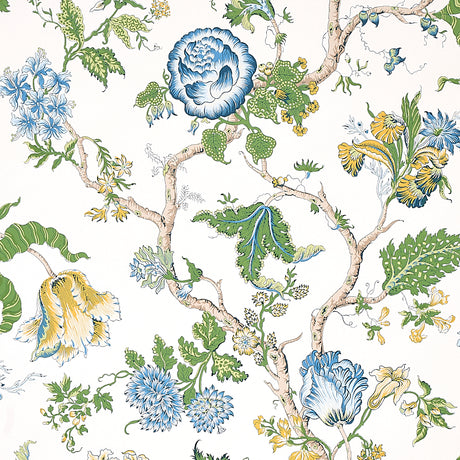 Josephine blue floral tree of life wallpaper by Schumacher, midscale pattern with stylized flowers and branches on a light background.
