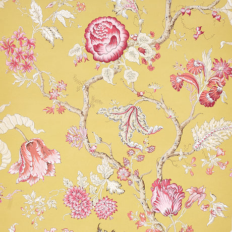 JOSEPHINE wallpaper in ochre by Schumacher, featuring a midscale tree of life floral pattern in pinks and whites on a yellow background.