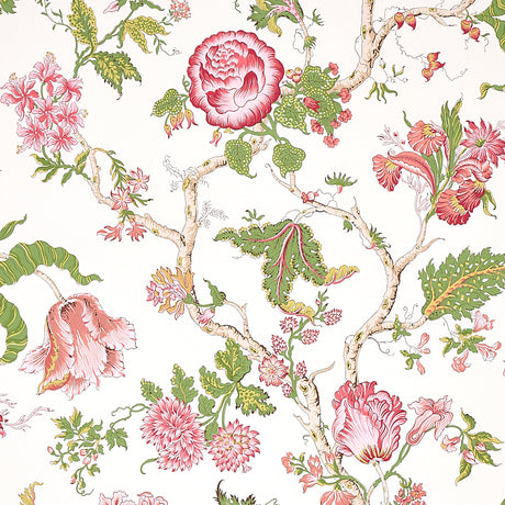 Josephine wallpaper by Schumacher featuring a midscale tree of life pattern with stylized pink flowers and green foliage on a light background.