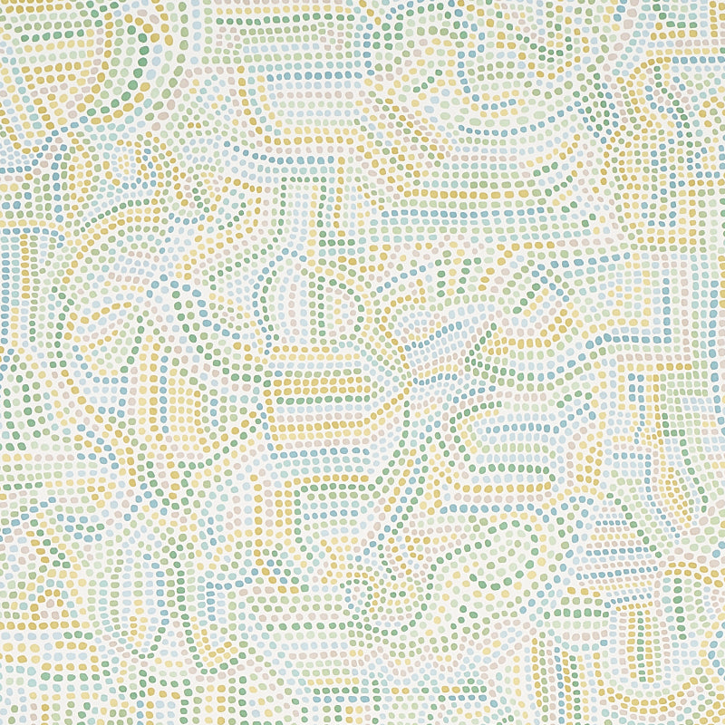 Galina Citron by Schumacher - Abstract mosaic dot wallpaper in yellow, green, and blue on white background