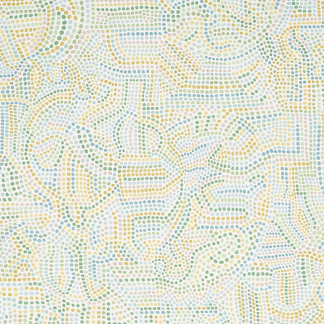 Galina Citron by Schumacher - Abstract mosaic dot wallpaper in yellow, green, and blue on white background
