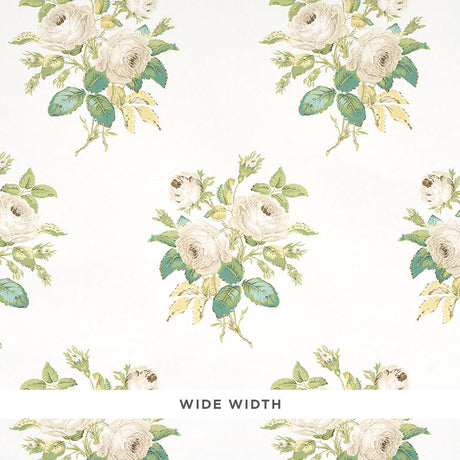 Ivory rose floral wallpaper with painterly bouquets and green leaves on a wide-width background, Schumacher LOUDON ROSE 5012030