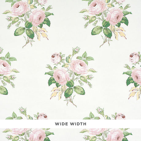 Loudon Rose Blush wallpaper by Schumacher featuring painterly bouquets of pink roses and green leaves on a white background.