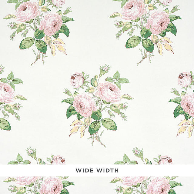 Loudon Rose Blush wallpaper by Schumacher featuring painterly bouquets of pink roses and green leaves on a white background.