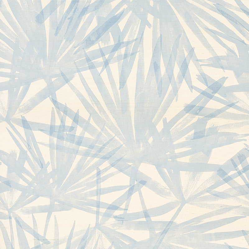 Sunlit Palm Sisal wallpaper in Chambray by Schumacher, featuring a dreamy palm leaf watercolor design in soft blue and cream.