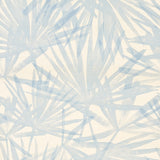 Sunlit Palm Sisal wallpaper in Chambray by Schumacher, featuring a dreamy palm leaf watercolor design in soft blue and cream.