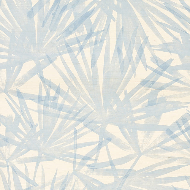 Sunlit Palm Sisal wallpaper in Chambray by Schumacher, featuring a dreamy palm leaf watercolor design in soft blue and cream.