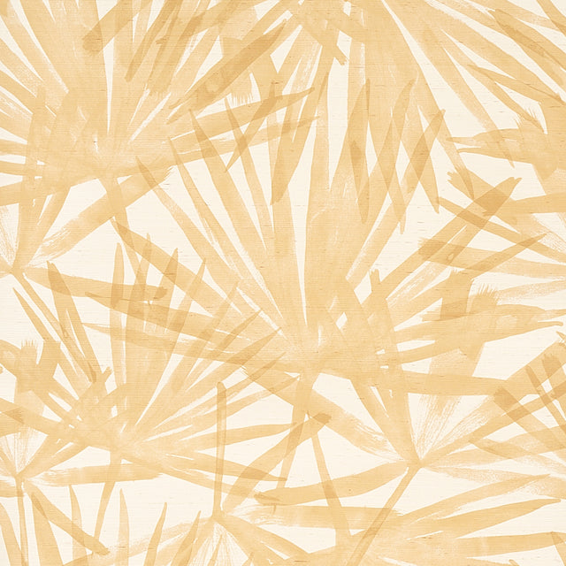 Sunlit Palm Sisal wallpaper in Wheat by Schumacher, featuring a watercolor palm leaf design in warm beige tones.
