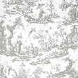 Shengyou Toile Driftwood wallpaper by Schumacher featuring a detailed 18th-century toile pattern with figures, birds, and nature scenes in a classic Chinoiserie style.