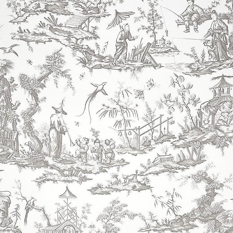 Shengyou Toile Driftwood wallpaper by Schumacher featuring a detailed 18th-century toile pattern with figures, birds, and nature scenes in a classic Chinoiserie style.