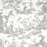 Shengyou Toile Driftwood wallpaper by Schumacher featuring a detailed 18th-century toile pattern with figures, birds, and nature scenes in a classic Chinoiserie style.