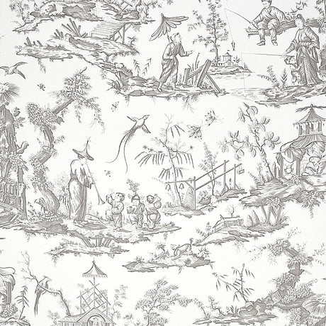 Shengyou Toile Driftwood wallpaper by Schumacher featuring a detailed 18th-century toile pattern with figures, birds, and nature scenes in a classic Chinoiserie style.