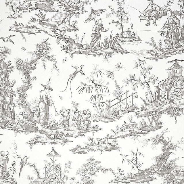 Shengyou Toile Driftwood wallpaper by Schumacher featuring a detailed 18th-century toile pattern with figures, birds, and nature scenes in a classic Chinoiserie style.