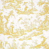 Shengyou Toile wallpaper in yellow by Schumacher, featuring intricate 18th-century inspired toile scenes.
