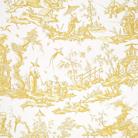 Shengyou Toile wallpaper in yellow by Schumacher, featuring intricate 18th-century inspired toile scenes.