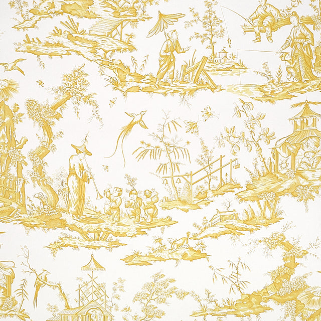 Shengyou Toile wallpaper in yellow by Schumacher, featuring intricate 18th-century inspired toile scenes.
