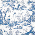 Shengyou Toile blue and white scenic toile wallpaper with 18th-century inspired figures, birds, and landscape by Schumacher