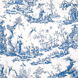 Shengyou Toile blue and white scenic toile wallpaper with 18th-century inspired figures, birds, and landscape by Schumacher