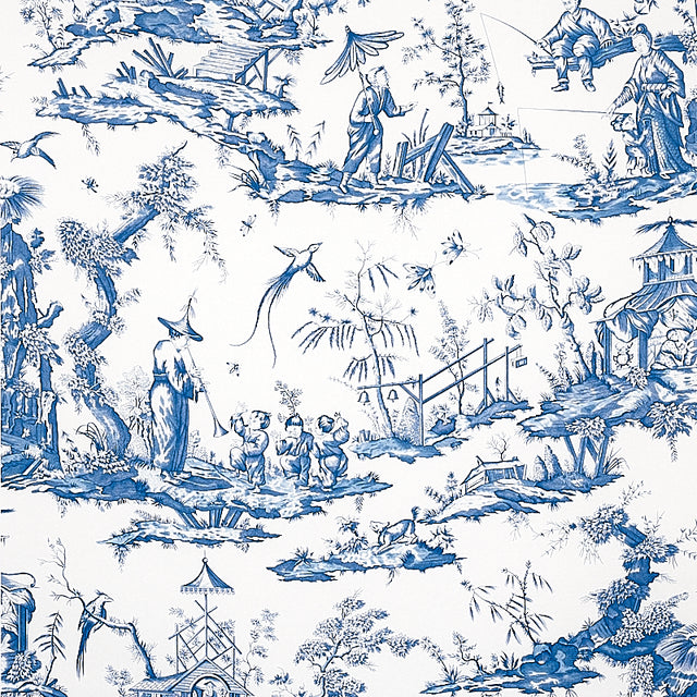 Shengyou Toile blue and white scenic toile wallpaper with 18th-century inspired figures, birds, and landscape by Schumacher