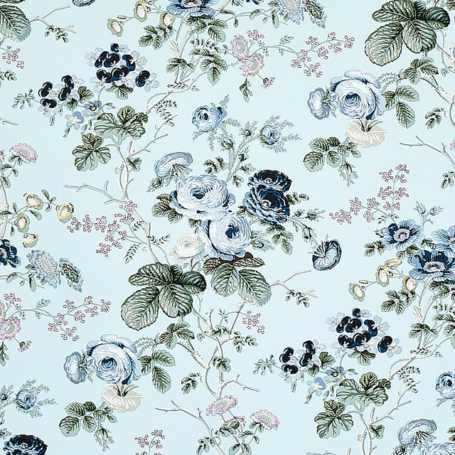Salisbury Celadon floral wallpaper by Schumacher, featuring a vintage-inspired botanical pattern in blue and green hues.
