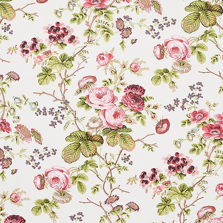 Salisbury Garnet by Schumacher - Signature floral wallpaper in pink, red, and green on white background