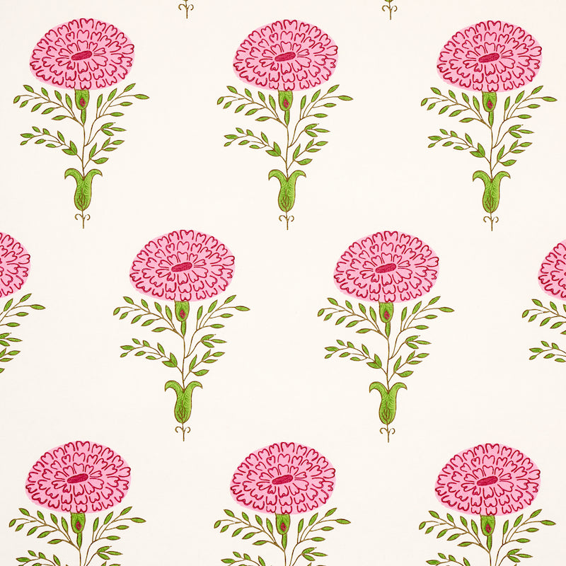 Marigold pink floral wallpaper by Molly Mahon for Schumacher, featuring graphic marigold flowers in pink and green on a white background.