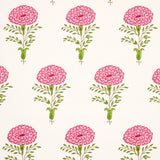 Marigold pink floral wallpaper by Molly Mahon for Schumacher, featuring graphic marigold flowers in pink and green on a white background.