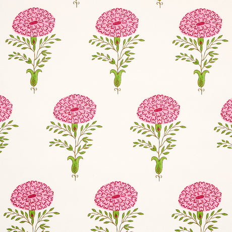 Marigold pink floral wallpaper by Molly Mahon for Schumacher, featuring graphic marigold flowers in pink and green on a white background.