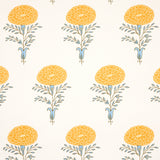 Marigold yellow floral wallpaper by Molly Mahon for Schumacher, featuring a graphic ode to the marigold flower in a traditional block print style.