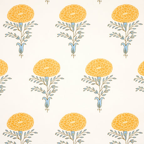 Marigold yellow floral wallpaper by Molly Mahon for Schumacher, featuring a graphic ode to the marigold flower in a traditional block print style.