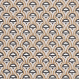 Abelino camel and black Art Deco geometric wallpaper with hand-drawn zigzags and dots, shown in a styled bedroom setting.