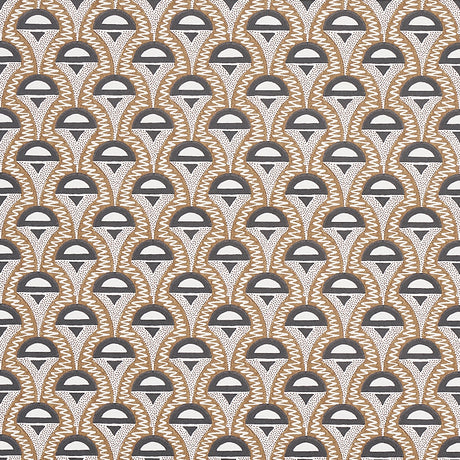 Abelino camel and black Art Deco geometric wallpaper with hand-drawn zigzags and dots, shown in a styled bedroom setting.