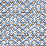 Abelino blue and brown geometric Art Deco wallpaper from Schumacher's Copacabana collection, shown in a styled bedroom setting.