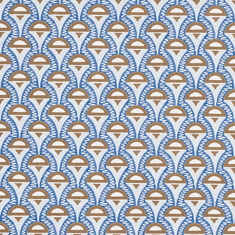 Abelino blue and brown geometric Art Deco wallpaper from Schumacher's Copacabana collection, shown in a styled bedroom setting.