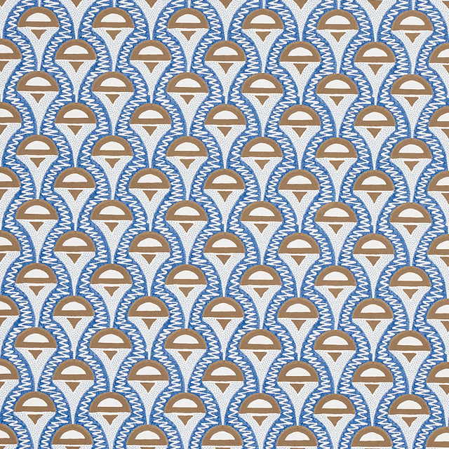 Abelino blue and brown geometric Art Deco wallpaper from Schumacher's Copacabana collection, shown in a styled bedroom setting.