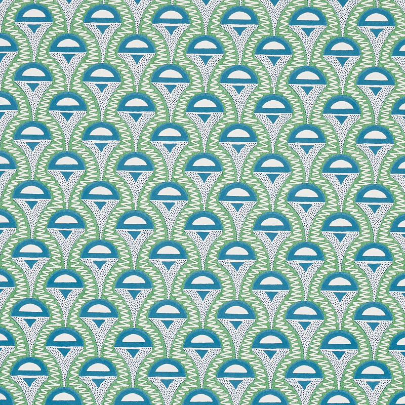 Abelino green and peacock Art Deco geometric wallpaper by Schumacher, shown in a modern bedroom setting