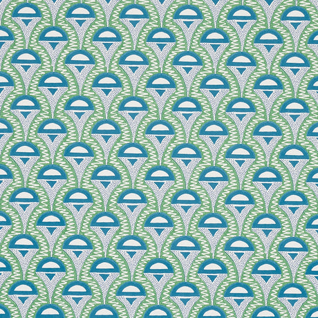 Abelino green and peacock Art Deco geometric wallpaper by Schumacher, shown in a modern bedroom setting