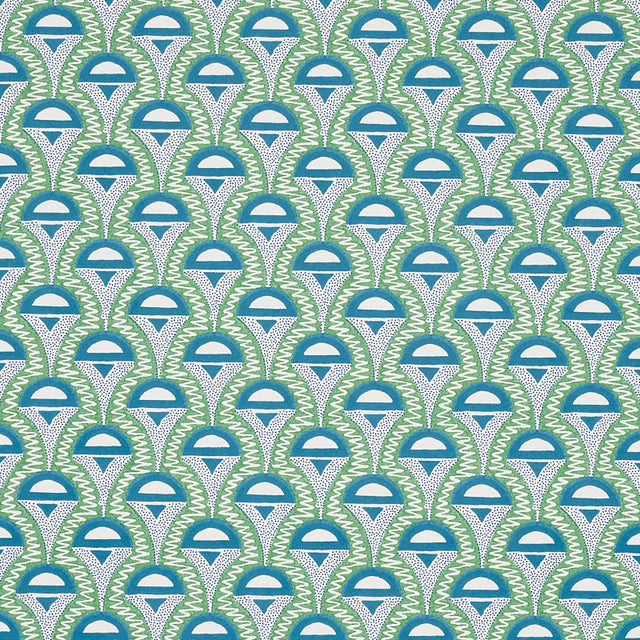 Abelino green and peacock Art Deco geometric wallpaper by Schumacher, shown in a modern bedroom setting