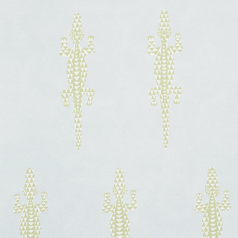 Baracoa Mineral wallpaper by Schumacher featuring graphic climbing geckos in a mottled, stucco-like texture.