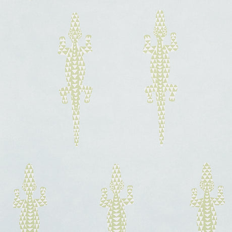 Baracoa Mineral wallpaper by Schumacher featuring graphic climbing geckos in a mottled, stucco-like texture.