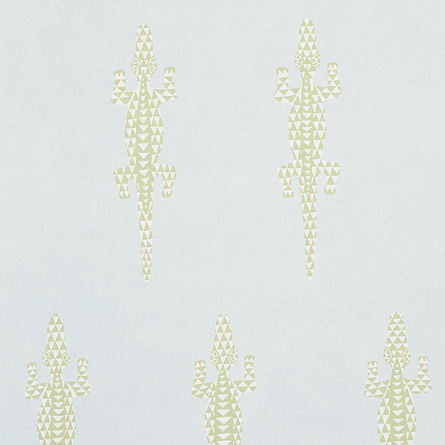 Baracoa Mineral wallpaper by Schumacher featuring graphic climbing geckos in a mottled, stucco-like texture.