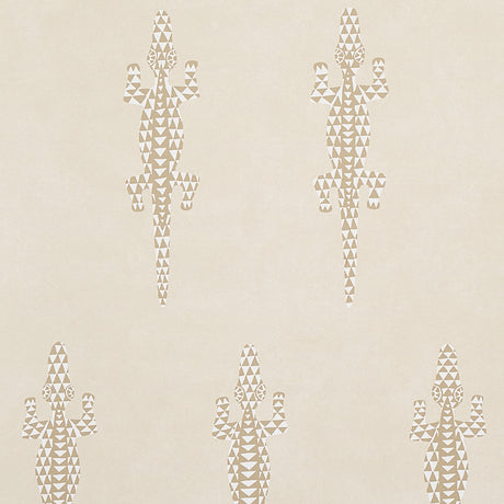 Baracoa neutral wallpaper with graphic climbing geckos and mottled stucco-like texture by Schumacher