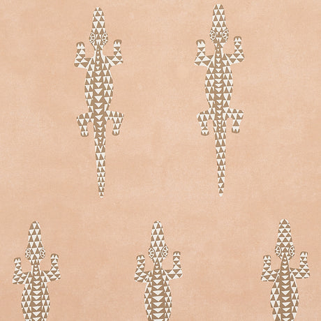 Baracoa terracotta wallpaper with graphic climbing geckos and mottled stucco-like texture by Schumacher