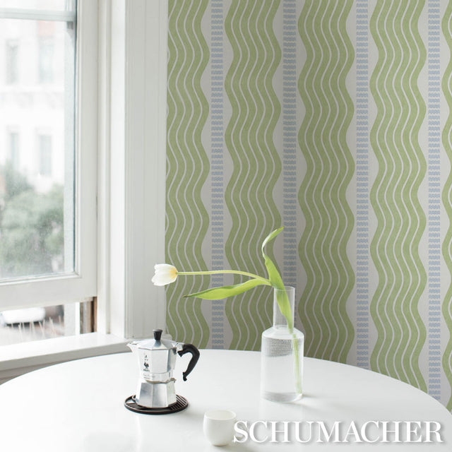 Sina Stripe Green by Schumacher Art Deco Wave Stripe Wallpaper – Copacabana Collection 5012120
