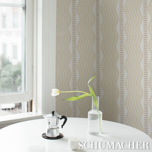 Sina Stripe Sand by Schumacher Art Deco Wave Stripe Wallpaper – Schumacher 5012121