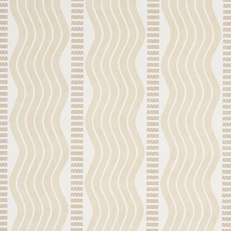 Sina Stripe wallpaper in sand by Schumacher, featuring large-scale wavy stripes in a neutral Art Deco-inspired design.