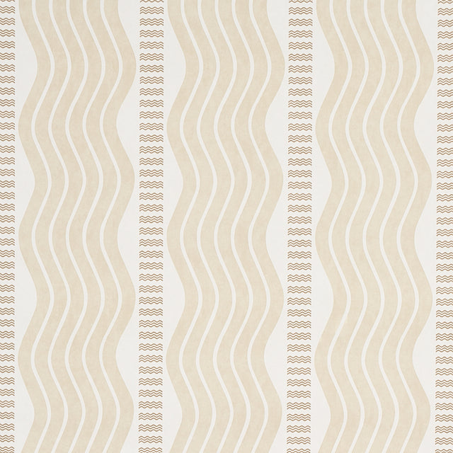 Sina Stripe wallpaper in sand by Schumacher, featuring large-scale wavy stripes in a neutral Art Deco-inspired design.